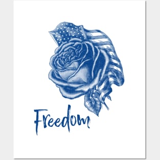 US Flag with Rose Flower - Blue Monochrome Illustration Posters and Art